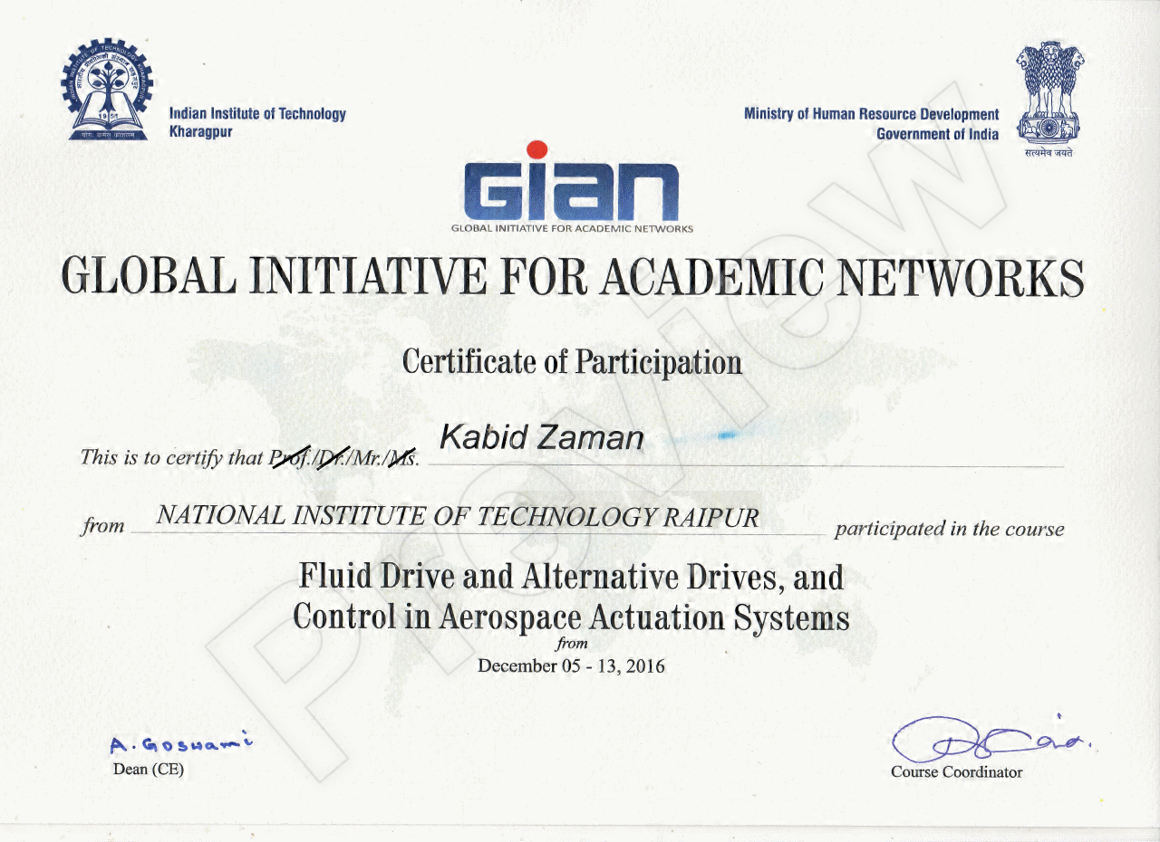Aerospace Actuation Systems GIAN 5-13 Dec 2016 Course Certificate