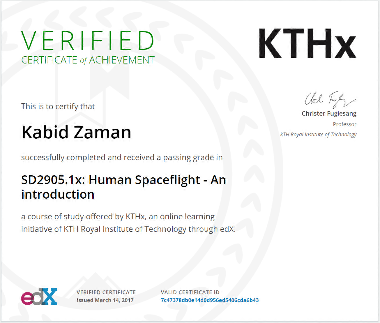 Human Spaceflight KTHx SD2905 1x Certificate
