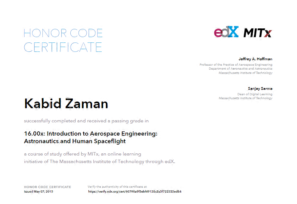 Introduction to Aerospace Engineering 16.00x MITx Certificate
