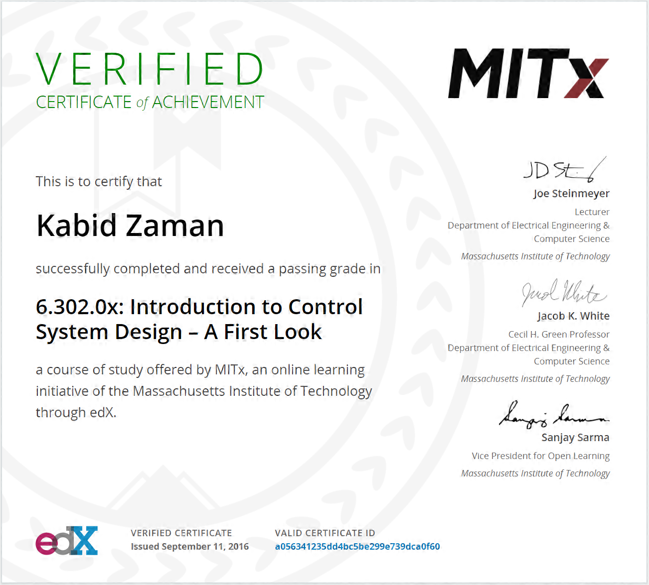 Introduction to Control System Design MITx 6.302 0x Certificat