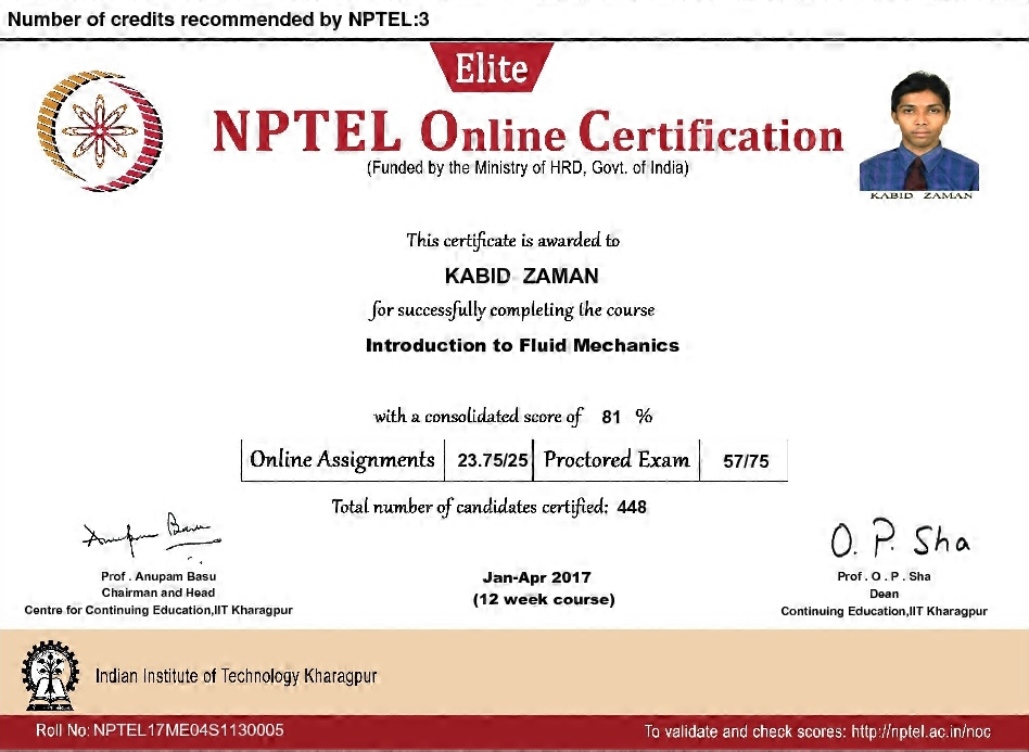 NPTEL17ME04S1130005 Introduction to Fluid Mechanics Certificate
