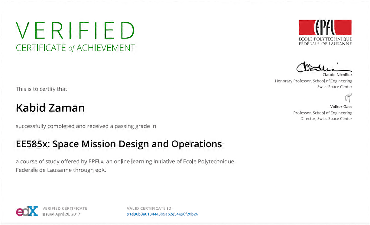 Space Mission Design and Operations EPFL EE585x Certificate
